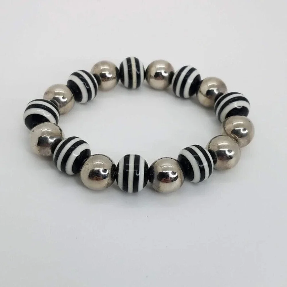 Chic Black‎ White Stripe Silver Tone Beaded Stretch Bracelet Fashion Jewelry